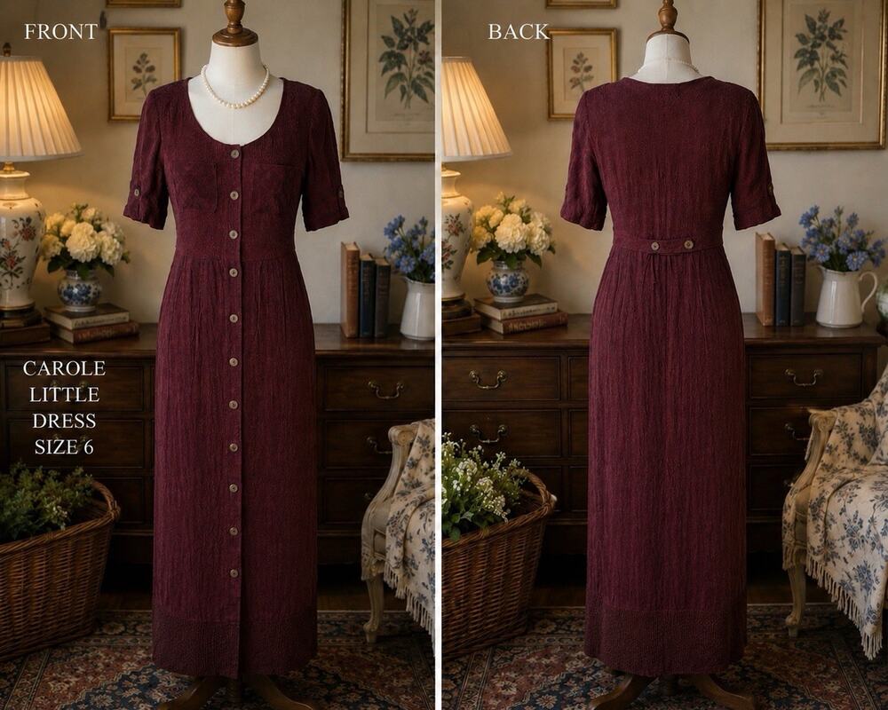 VTG Carole Little Burgundy Textured Rayon Maxi Button Front 90s Modest Dress 6